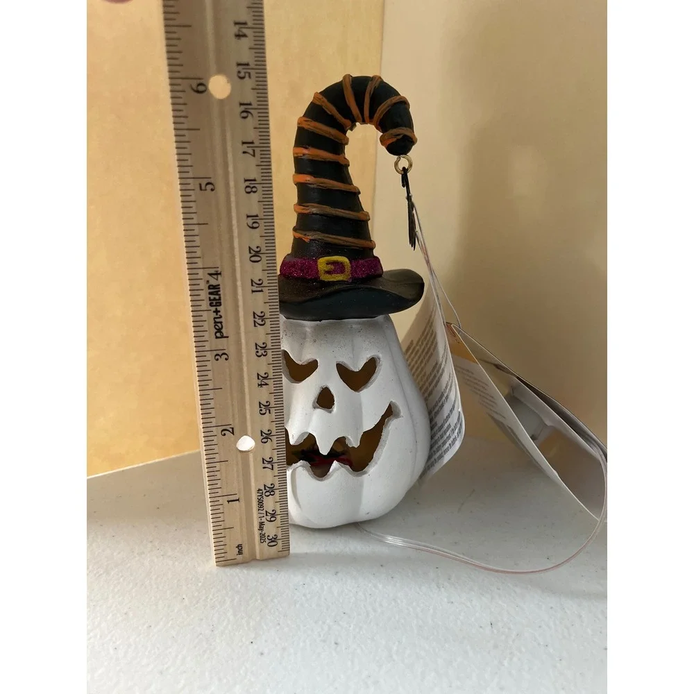 Halloween Light Up White Pumpkin Witch Hat Figurine Spooky Red LED Decor